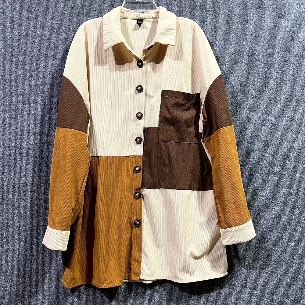 Shein‎ Patchwork Corduroy Shacket Womens L Multi Colorblock Button Up Outdoor